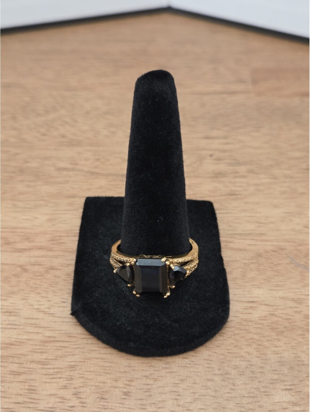STS Gold Tone Black Glass/Onyx Look Statement Ring Emerald Cut Size 10
